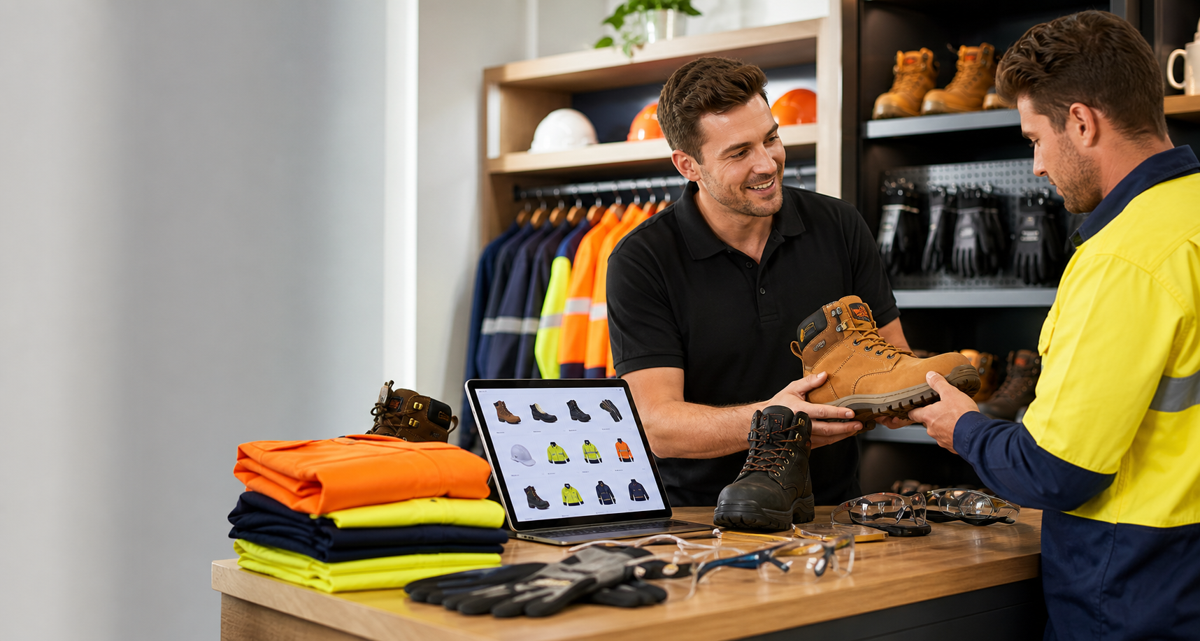 Safety Depot staff member helping a customer compare safety boots