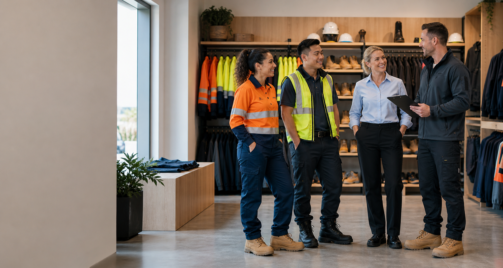 A fitted workwear team inside a showroom